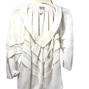 Max Studios MSSP blouse  ivory V Neck LS Origami Pleats Semi Sheer Sz 1X Retro